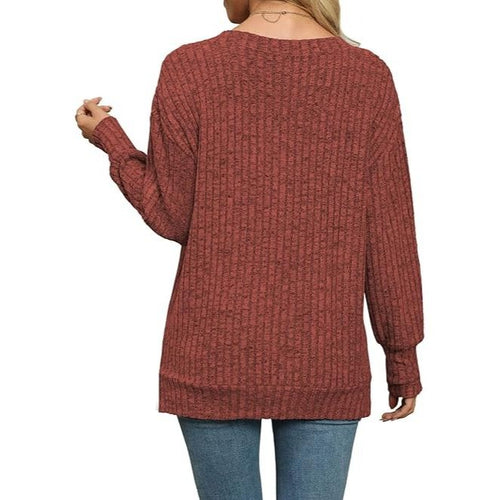 Casual Solid Color Long Sweater with Drop Shoulder & V-Neck