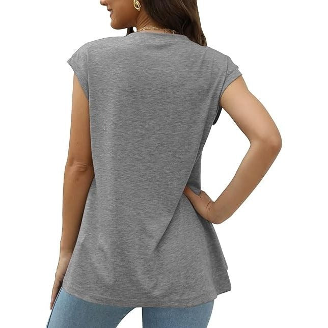 Solid Color Round Neck Cap Sleeve Tops
