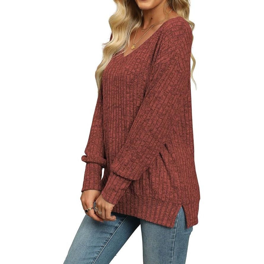 Casual Solid Color Long Sweater with Drop Shoulder & V-Neck
