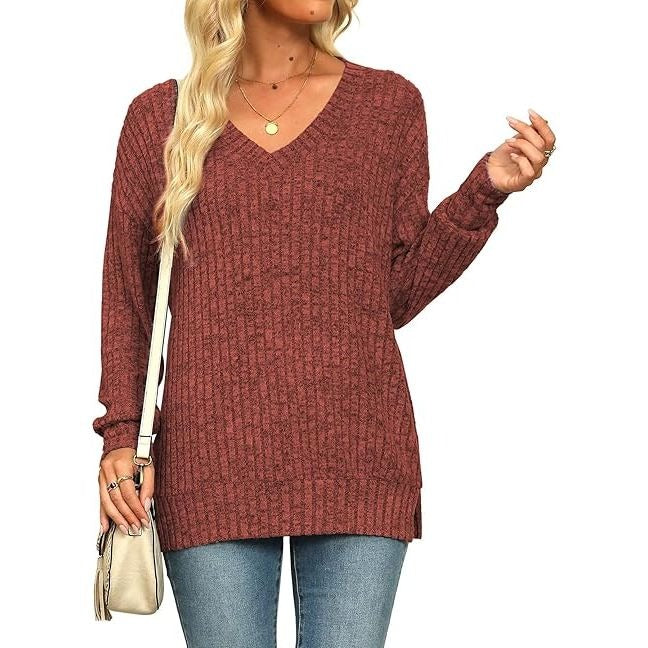 Casual Solid Color Long Sweater with Drop Shoulder & V-Neck