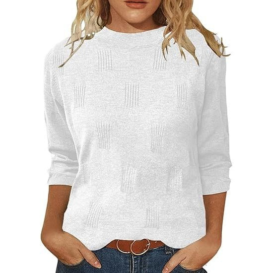 Casual Ribbed Block Pattern 3/4 Sleeve Tunic Sweater