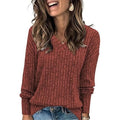 Casual Solid Color Long Sweater with Drop Shoulder & V-Neck