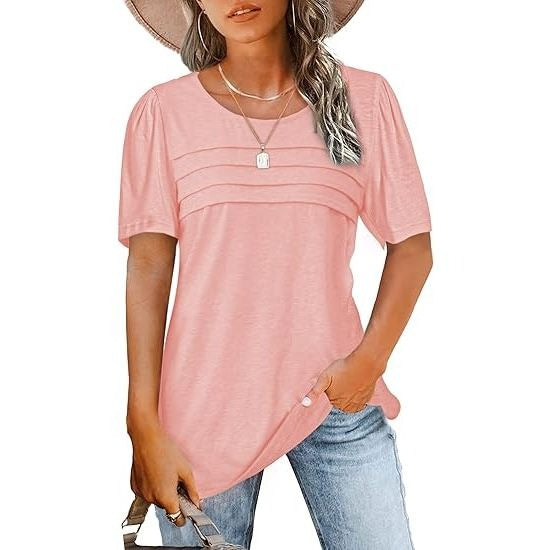 Casual Loose Puff Sleeve Crew Neck Short-Sleeve Tops