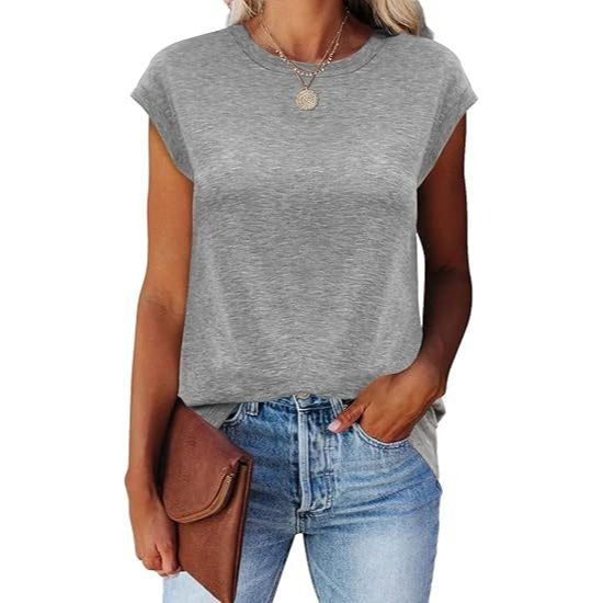 Solid Color Round Neck Cap Sleeve Tops