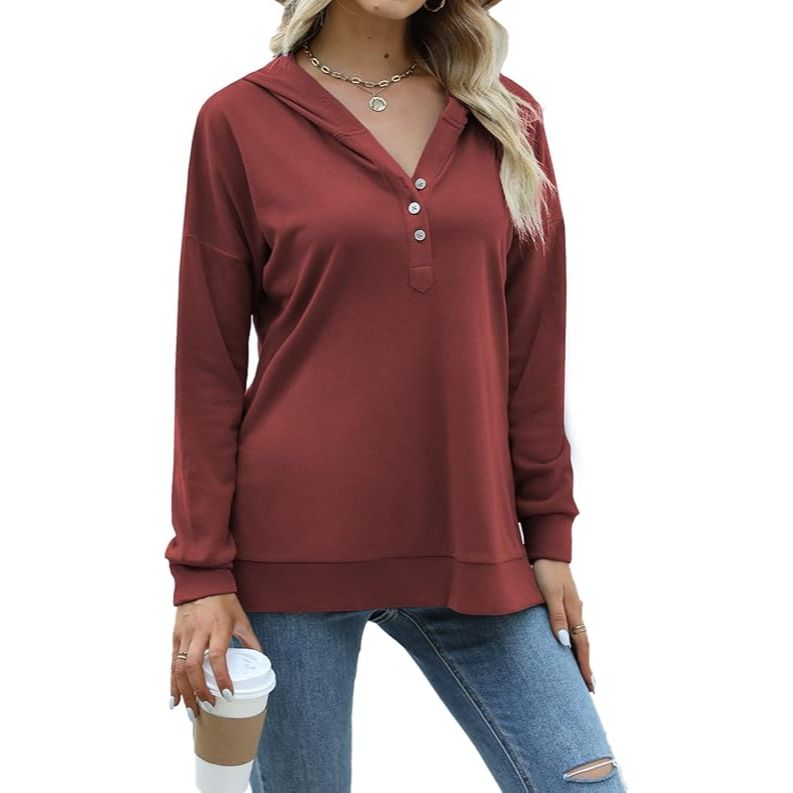Women's Casual Button Hooded Long Sleeve Sweatshirt