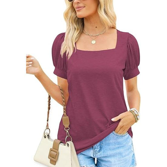Women's Summer Short Sleeve Square Neck Fashion Casual Tunic Top